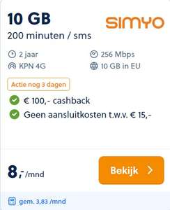 Simyo sim only 10GB, 200 minuten/sms €3.83 ( €2.80 met ING code! ) per maand (2-jarig abonnement)