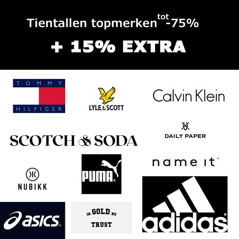 Tot 75% korting + 15% extra | o.a. adidas || Calvin Klein || Tommy Hilfiger || Scotch & Soda
