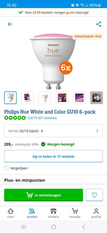 Philips Hue GU10 white and color 6 stuks. Prijs per stuk komt dan op 34,17