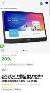 [select deal] AOC 16T2 - Full HD IPS Portable Touch Screen USB-C Monitor - Ingebouwde Accu - 15 Inch €209