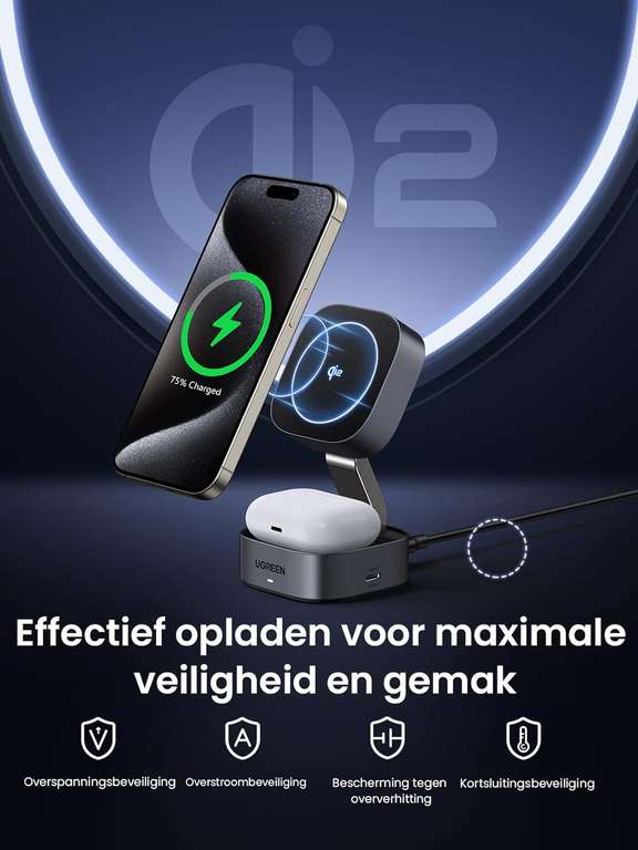 UGREEN opvouwbaar 2 in 1 Qi2 (15W) iPhone-oplaadstation voor €47,99 @ Amazon NL