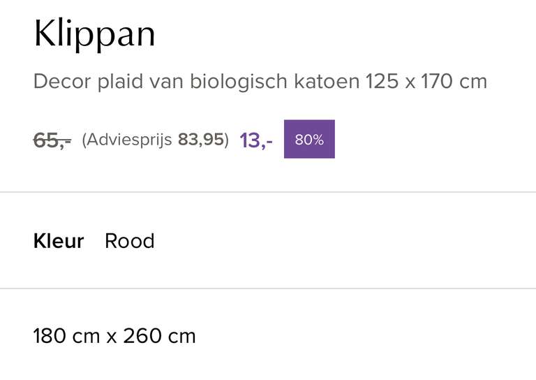 [bijenkorf] Klippan Decor plaid van biologisch katoen 125 x 170 cm €13