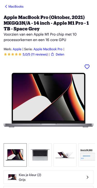 Apple MacBook Pro (Oktober, 2021) MKGQ3N/A - 14 inch - Apple M1 Pro - 1 TB - Space Grey