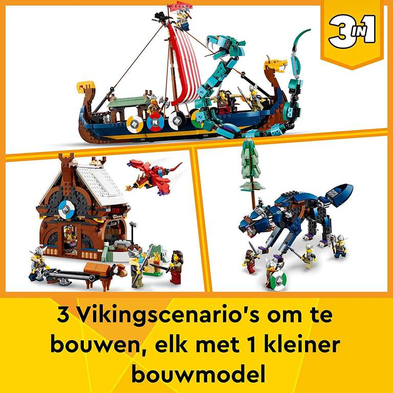 Lego Creator 3in1 Vikingschip en de Midgaardslang, Vikinghuis of Wolf Fenris (31132)