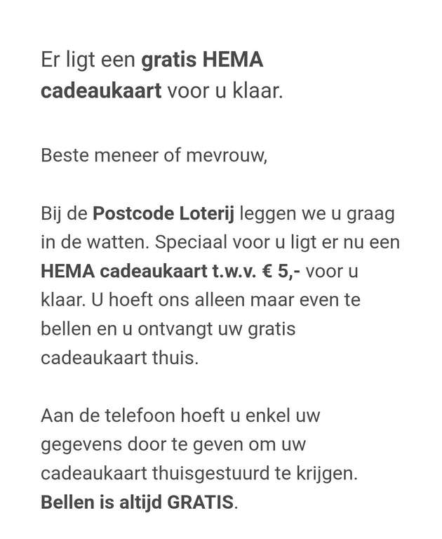 Gratis €5 euro Hema Cadeaukaart bij bellen naar de postcode loterij
