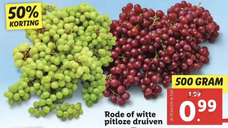 Witte en rode pitloze druiven 500gr voor €0,99
