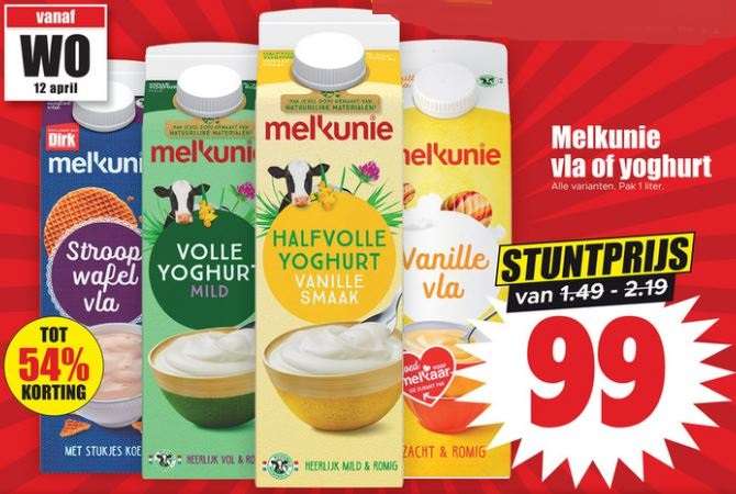 Melkunie vla of yoghurt, alle varianten, pak 1 liter, € 0,99 @ Dirk