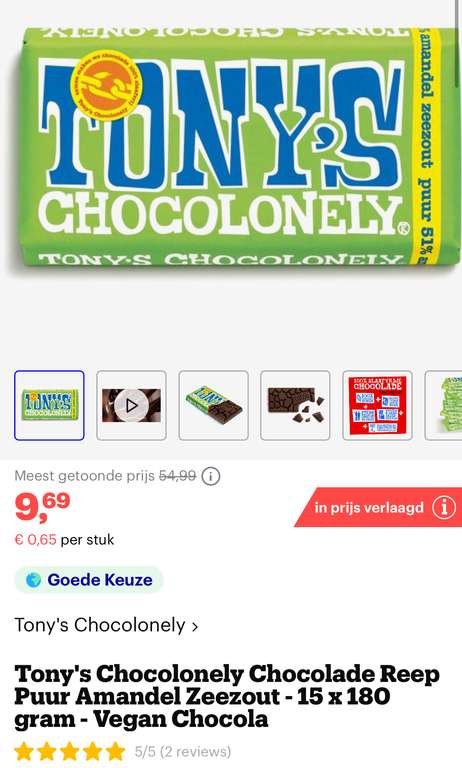 [bol.com] Tony's Chocolonely Chocolade Reep Puur Amandel Zeezout - 15 x 180 gram - Vegan Chocola €9,69