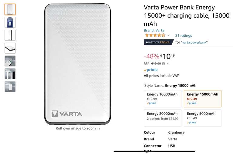 Varta Power Bank Energy 15000+ charging cable, 15000 mAh