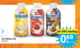 Alle Müller Müllermilk van €1,69 voor €0,69 bij AH (gratis* 2e fles bij Jumbo bij aankoop in Dirk, Vomar of Hoogvliet)
