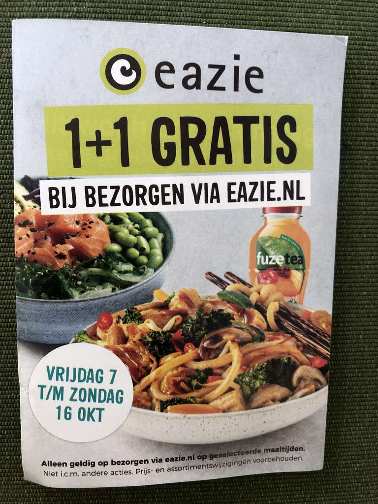 1 + 1 gratis bij bezorgen via eazie.nl