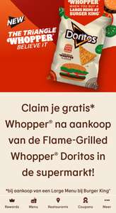 Gratis* Whopper bij aankoop van een menu bij Whopper Doritos in de supermarkt