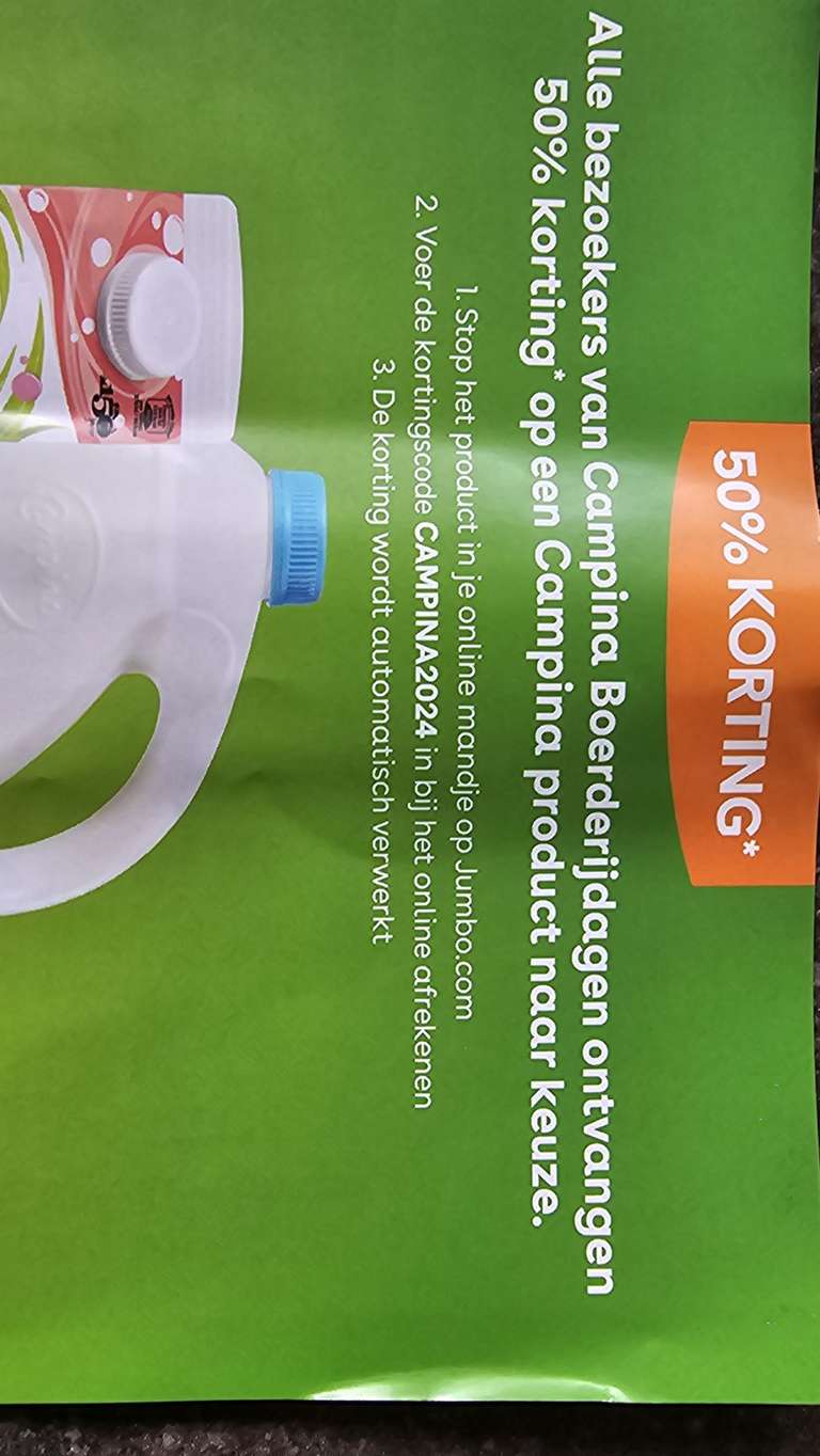 Campina halfvolle melk 2,4 liter (alleen bij Jumbo online bestellen) 50% korting op 1 product naar keuze