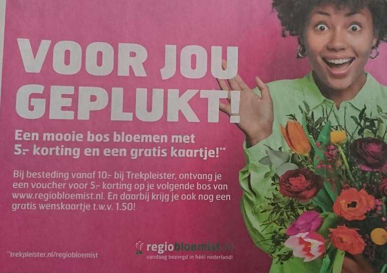 €5 korting bos bloemen plus gratis wenskaart bij besteding van €10 Trekpleister