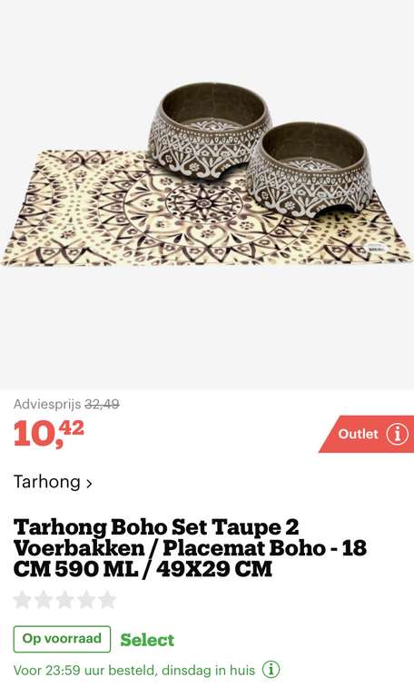 [bol.com] Tarhong Boho Set Taupe 2 Voerbakken / Placemat Boho - 18 CM 590 ML / 49X29 CM €10,42 ! Zie omschrijving voor meer
