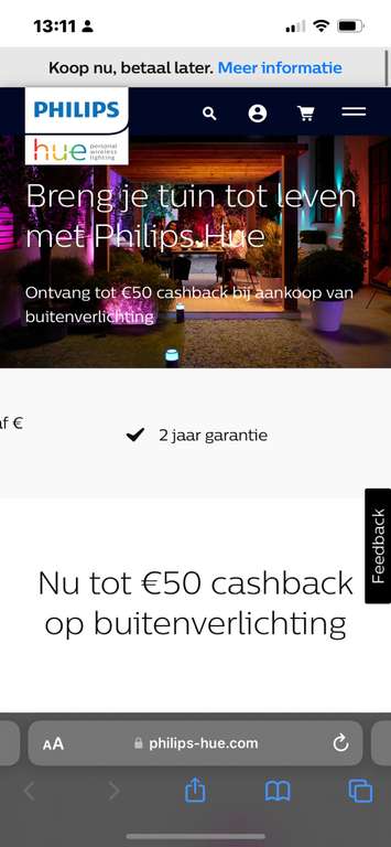 Philips hue actie! €20 -€50 cashback bij aankoop Philips Hue buitenverlichting /accessoires