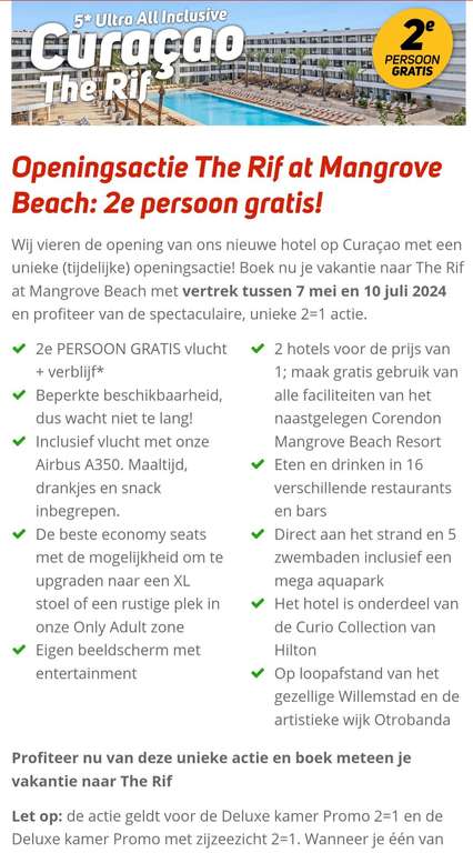 Nieuw resort The Rif Curaçao 2e persoon gratis tussen 7 mei en 10 juli (prijs al aangepast in de prijstabel)