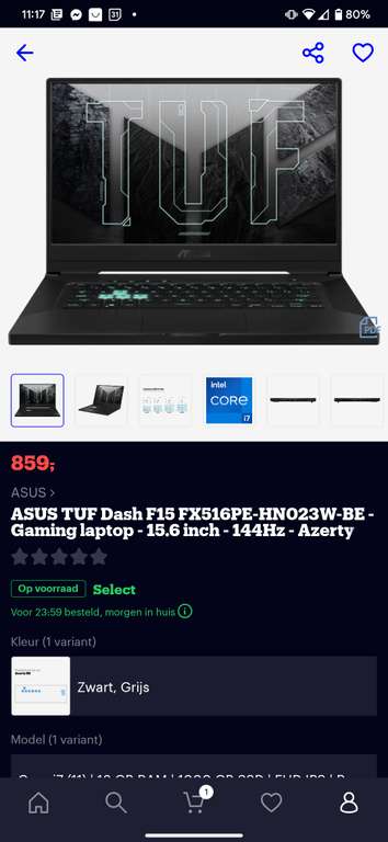 ASUS TUF Dash F15 FX516PE-HNO23W-BE (Azerty toetsenbord)