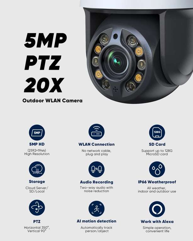 SANNCE 5MP PTZ Outdoor WiFi-beveiligingscamera voor €71,96