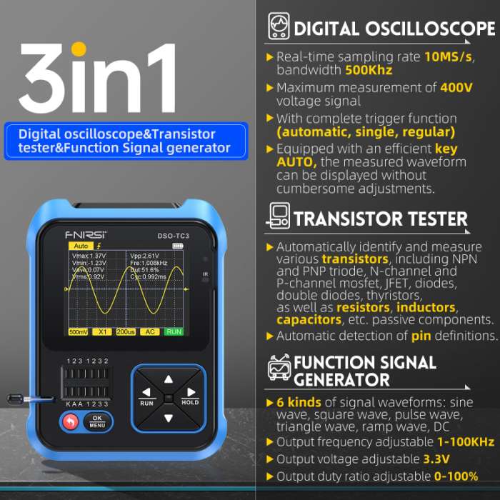 FNIRSI DSO-TC3 digitale multimeter (halfgeleidertester, RLC-meter, oscilloscoop, IR-decoder, spanningsbron en meer) voor €35,24 @ Gshopper