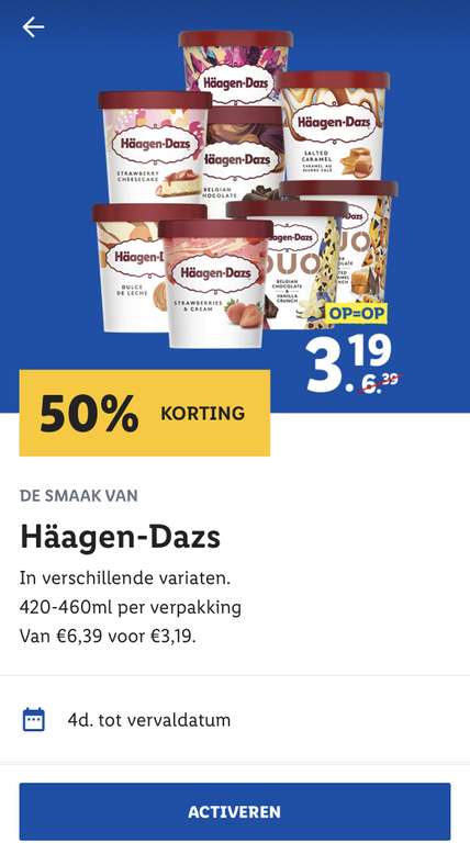 [lidl plus app] Häagen-Dazs ijs 50% korting. €3,19