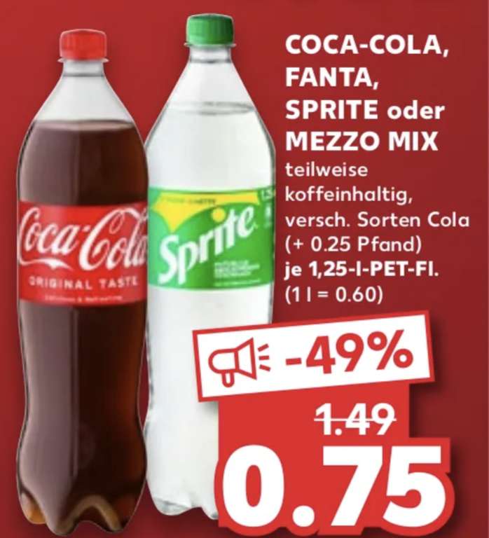 [Kaufland] Coca Cola, Fanta en Sprite, 1,25l (€0,60 per liter)