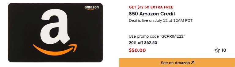 [Prime Day] Gratis $12,50 bij aankoop van $50 giftcard @ Amazon.com