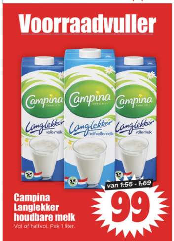 Campina Langlekker houdbare melk 1 l voor €0,99 bij Dirk