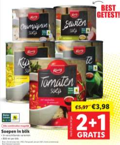 2,4 liter soep van €6 voor €4 @ Lidl (€1,33 per 800ml blik of €1,67/liter)