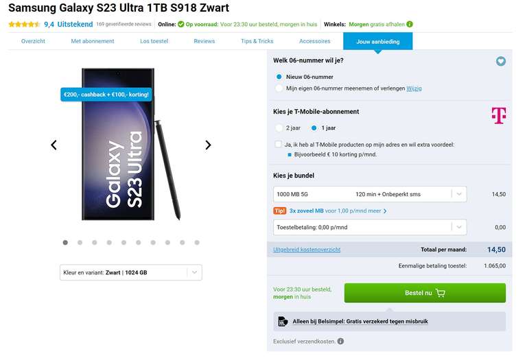 Samsung Galaxy S23 Ultra 1TB met korting i.c.m. abonnement T-Mobile