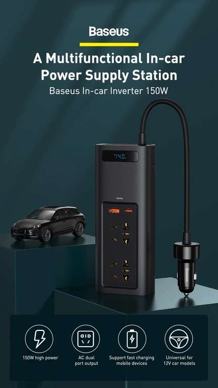 Baseus 150W auto-omvormer met LED digitaal display (30W USB-A & 30W USB-C, PD, QC3.0) voor €35 @ Banggood