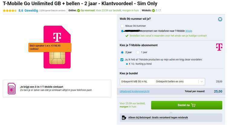 T-Mobile Onbeperkt Data en Onbeperkt Bellen/sms €25 + gratis speaker *Met thuis T-Mobile voordelen*