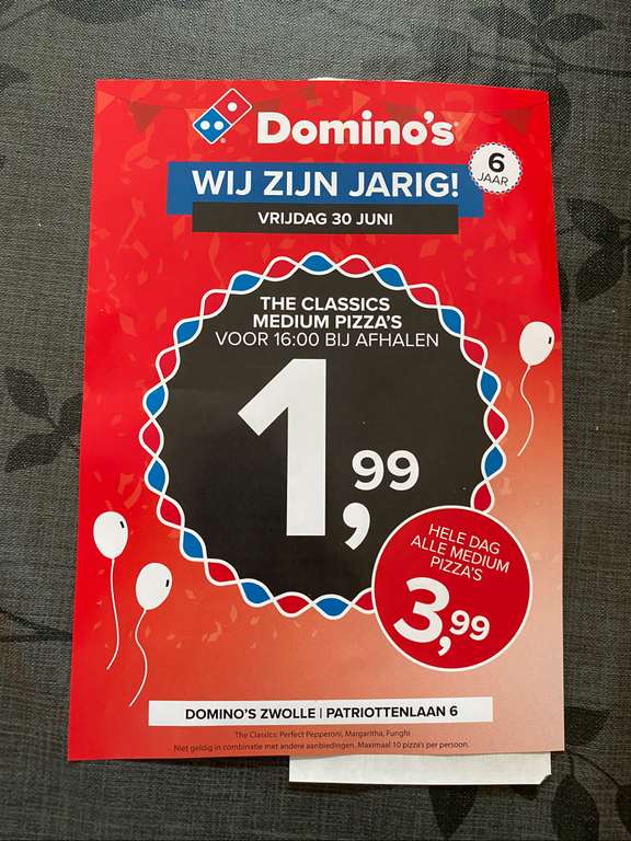 [LOKAAL] Domino’s Zwolle zuid jarig - Afhalen voor 16:00 alle medium pizza’s maar €1,99 en na die tijd €3,99