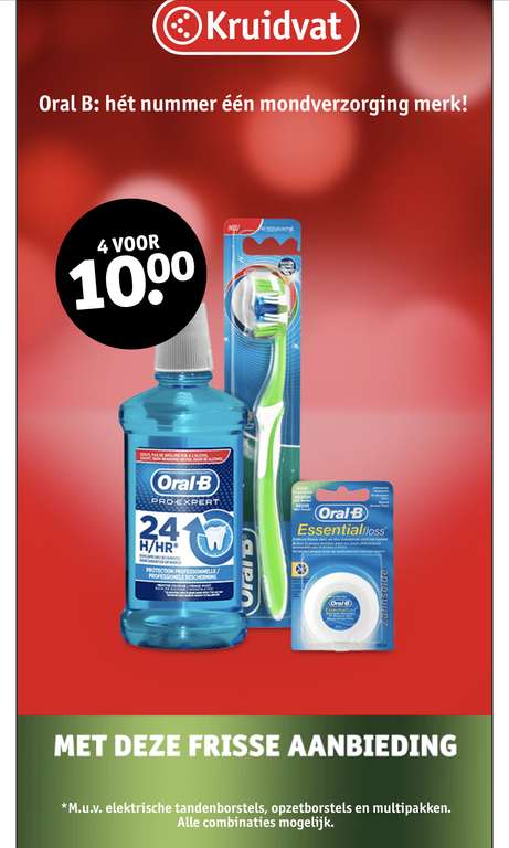 4 voor €10.00 op 25 diverse producten van ORAL-B mondverzorging