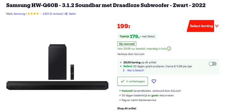 Samsung HW-Q60B - 3.1.2 Soundbar met Draadloze Subwoofer ( laagste prijs ooit )