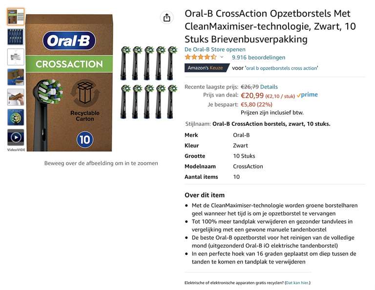 (Prime) Oral-B CrossAction Opzetborstels Met CleanMaximiser-technologie
