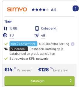40 euro cashback op Simyo sim only @ Pricewise