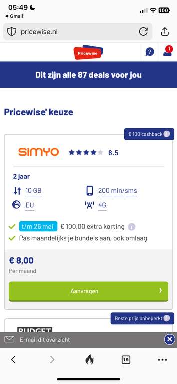 [Pricewise klanten] 100 euro cashback bij simyo: 10gb: 3,83 p. mnd