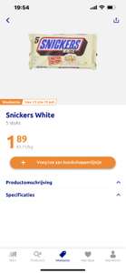 Snickers white 5 st voor €1,89