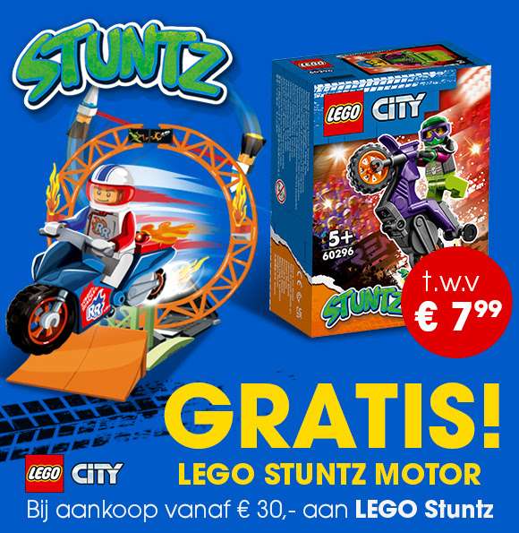 Gratis LEGO City stuntmotor (60296) bij een besteding van 30 euro aan geselecteerde items.