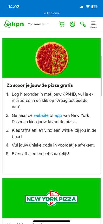 Cadeau voor KPN klanten : 2e pizza gratis (New York Pizza)