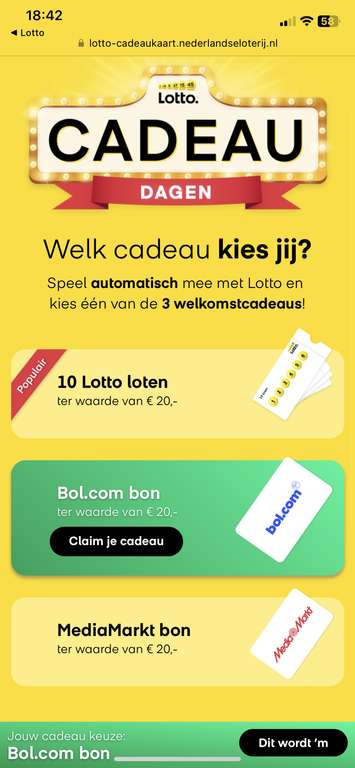 Lotto Cadeau dagen € 20,- Bol of Mediamarkt bij abonnement aansluiten