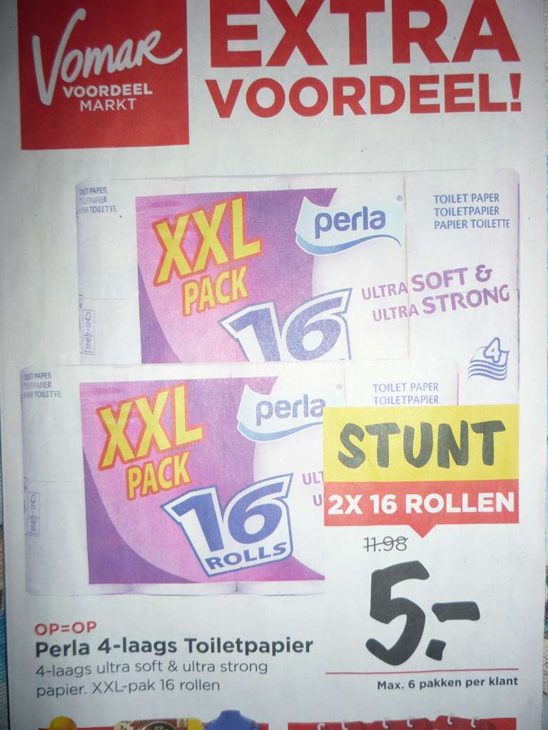 Vomar Perla 4-laags toiletpapier XXL pak 16 rollen, 2 pakken voor €5,00