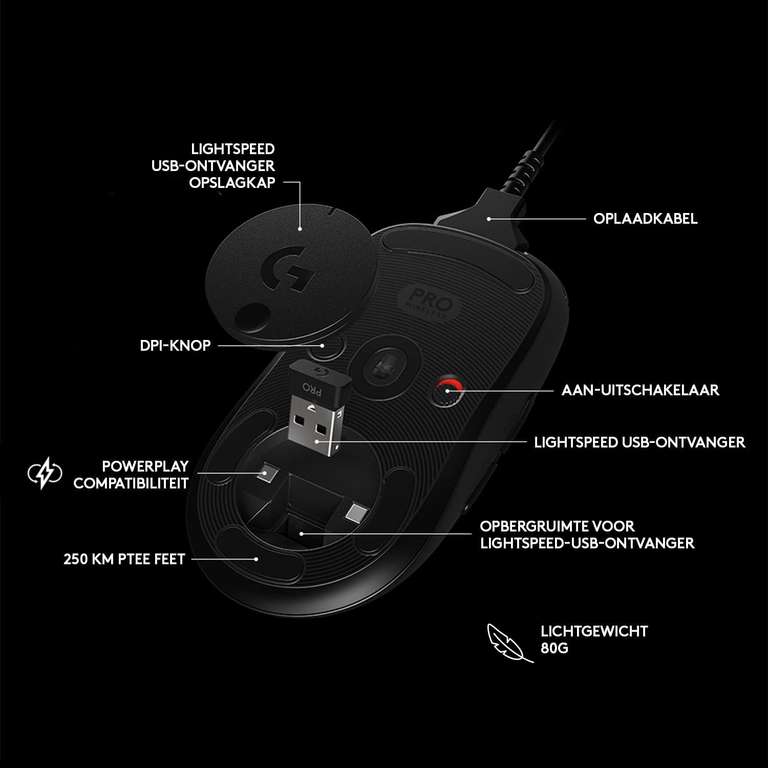 Logitech G PRO Wireless Gaming Muis met HERO 25K DPI sensor, RGB-verlichting zwart