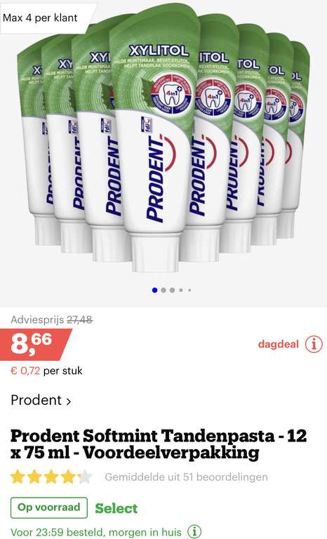 [dagdeal bol.com] Prodent Softmint Tandenpasta - 12 x 75 ml - Voordeelverpakking €8,66