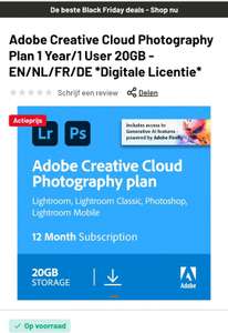Adobe Creative Cloud Photography Plan 1 Year/1 User 20GB - EN/NL/FR/DE *Digitale Licentie