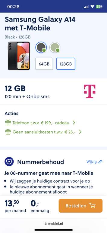 Sim only gratis Samsung Galaxy A14 met T-Mobile 128 gb