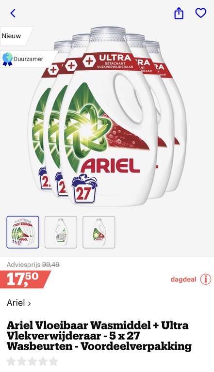 [dagdeal bol.com] Ariel Vloeibaar Wasmiddel + Ultra Vlekverwijderaar - 5 x 27 Wasbeurten - Voordeelverpakking €17,50