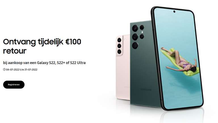 €100,- cashback bij aankoop van de Samsung Galaxy S22, S22+ of S22 Ultra