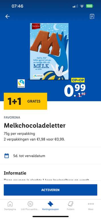 1+1 gratis op melkchocoladeletters via de Lidl Plus app